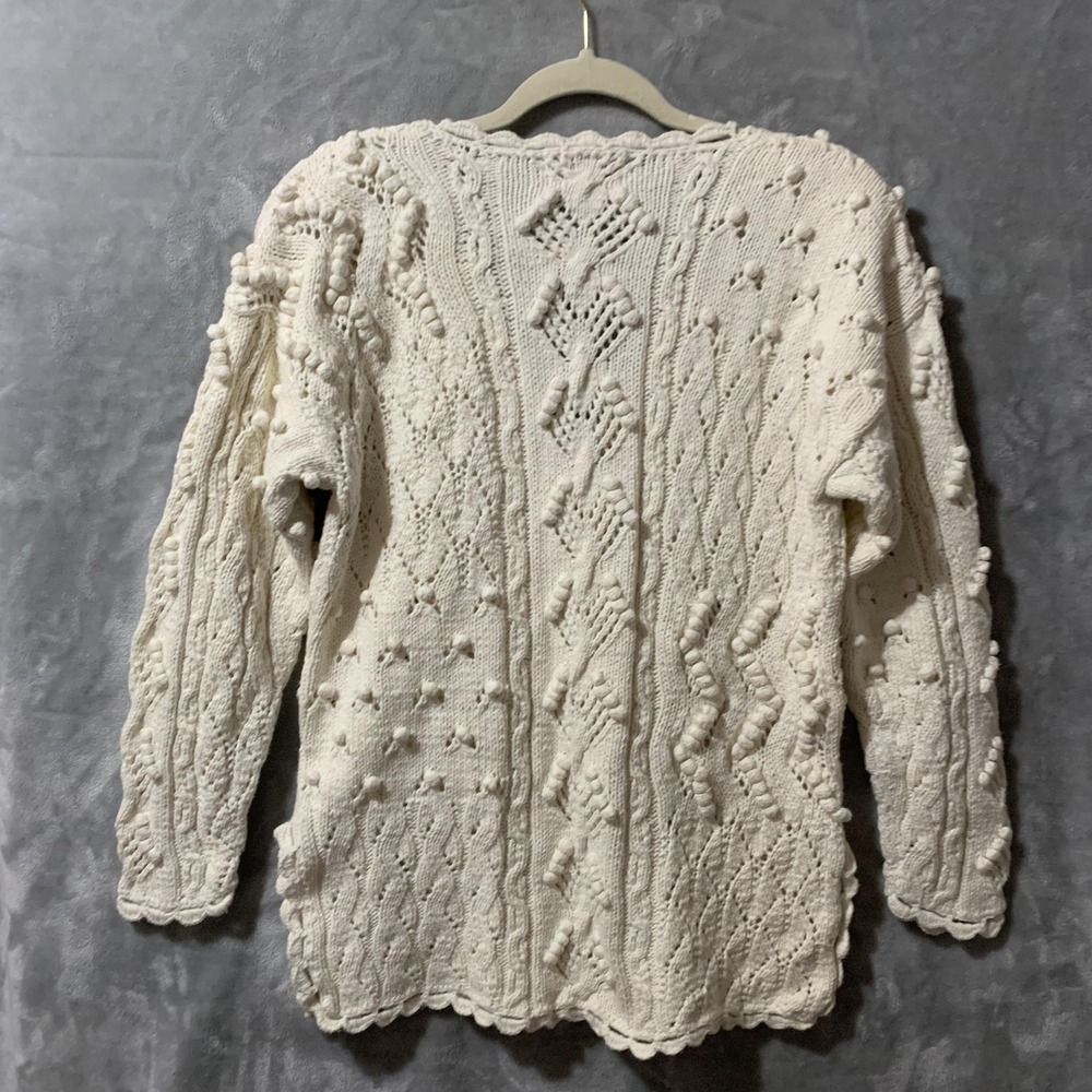 Vintage Yarnworks Sweater Womens Medium Ivory Handknit Cable Popcorn Chunky 90s - Picture 2 of 16
